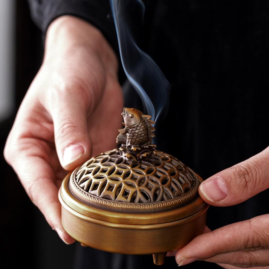 GOLD STONE 香炉 おしゃれ お香立て 真鍮製 魚 鯉 蓋付き 不燃綿入り