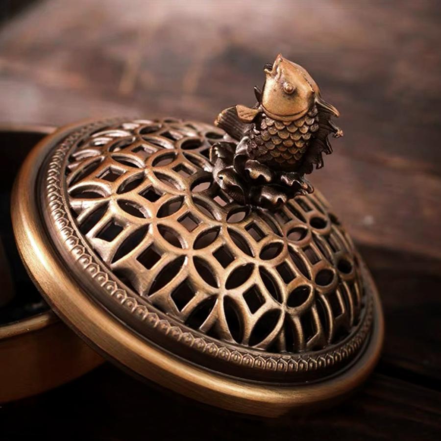 オブジェ GOLD STONE 香炉 おしゃれ お香立て 真鍮製 魚 鯉 蓋付き 不燃綿