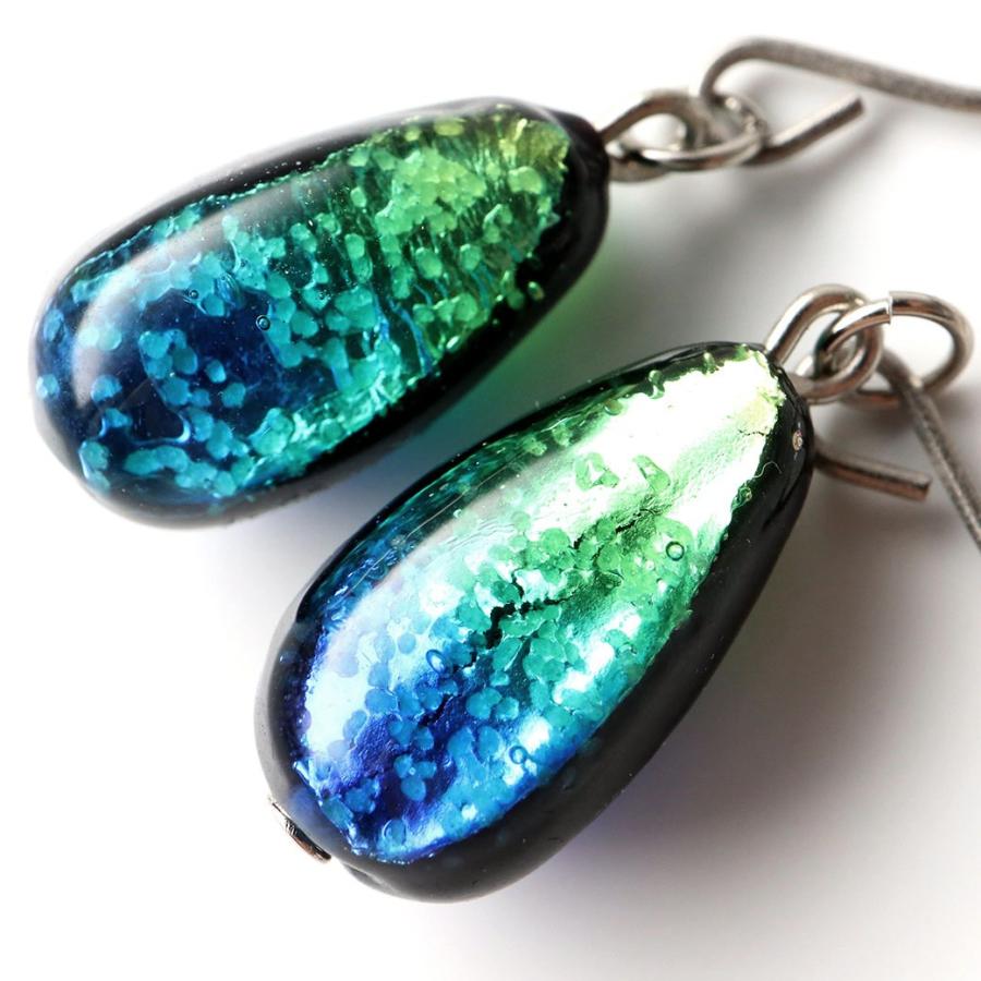 GOLD STONE 光る ケラママリン ホタルガラス ピアス 両耳用 しずく型