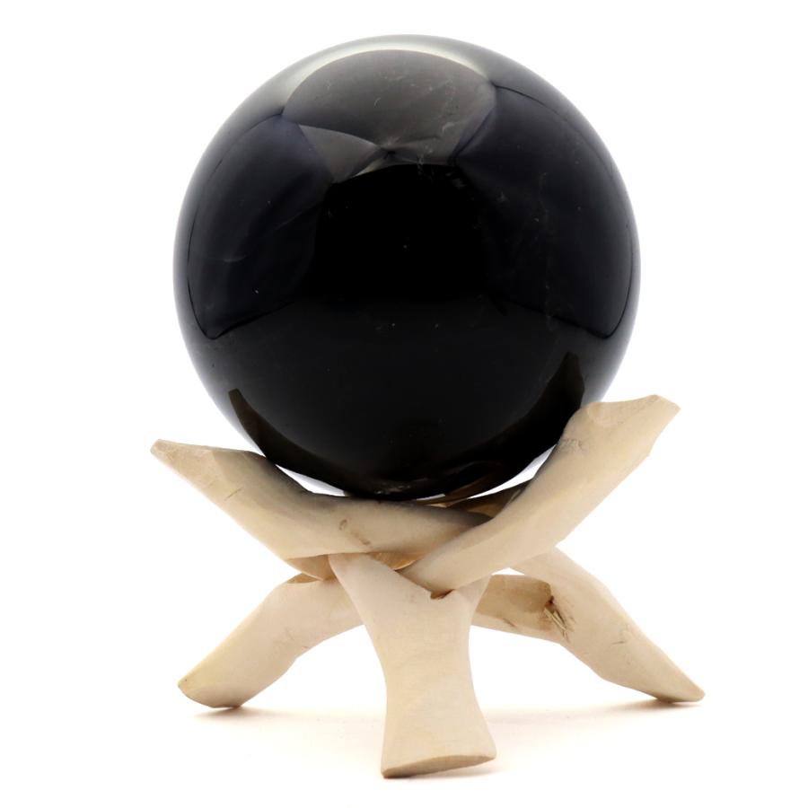 モリオン 黒水晶 丸玉 木製台座付き 直径 80mm 山東省産 天然石 