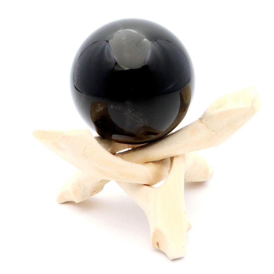 GOLD STONE モリオン 黒水晶 丸玉 木製台座付き 直径 50-52mm 山東省産