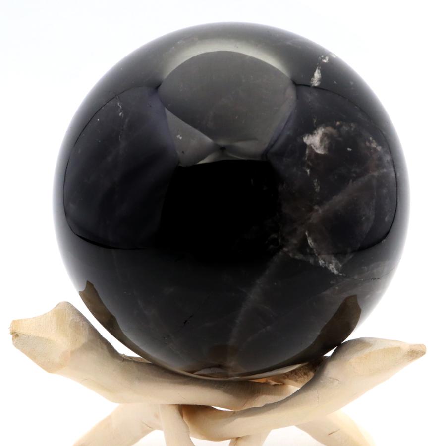 モリオン 黒水晶 丸玉 木製台座付き 直径 79mm 山東省産 天然石