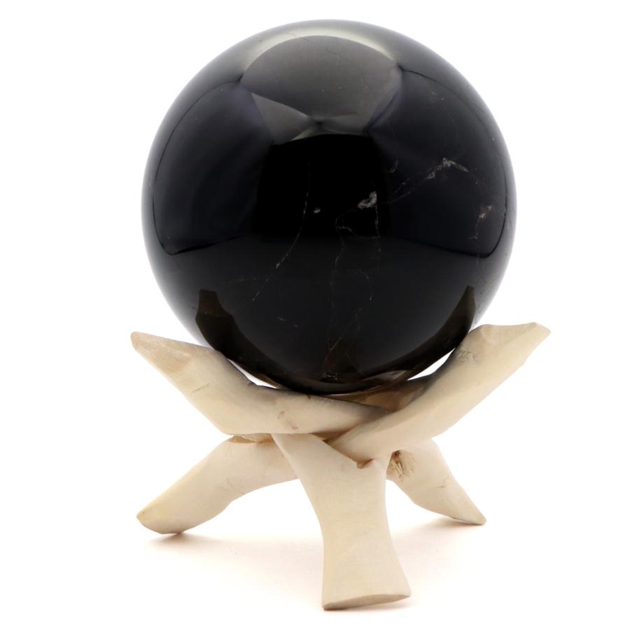 モリオン 黒水晶 丸玉 木製台座付き 直径 80mm 山東省産 天然石 