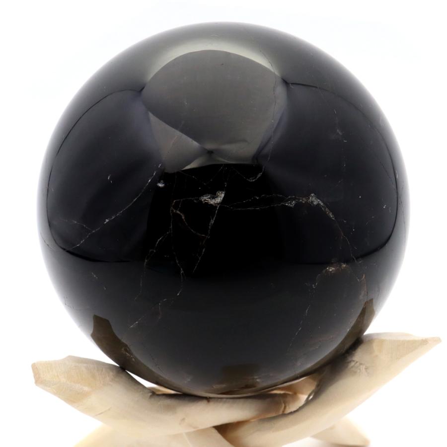 モリオン 黒水晶 丸玉 木製台座付き 直径 80mm 山東省産 天然石 