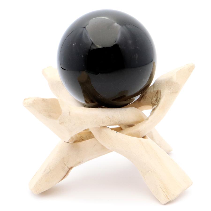 GOLD STONE モリオン 黒水晶 丸玉 木製台座付き 直径 50mm 山東省産