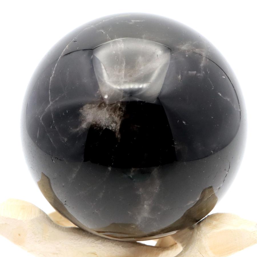 GOLD STONE モリオン 黒水晶 丸玉 木製台座付き 直径 75mm 山東省産