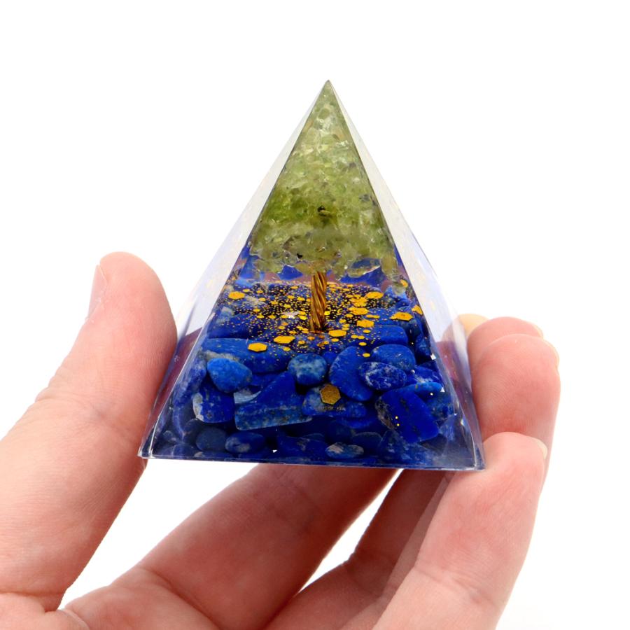 オルゴナイト ピラミッド 招財樹 ツリー 天然石 さざれ ラピスラズリ ペリドット 幅 約5cm orgonite pyramid  置物 パワーストーン｜goldstone｜05