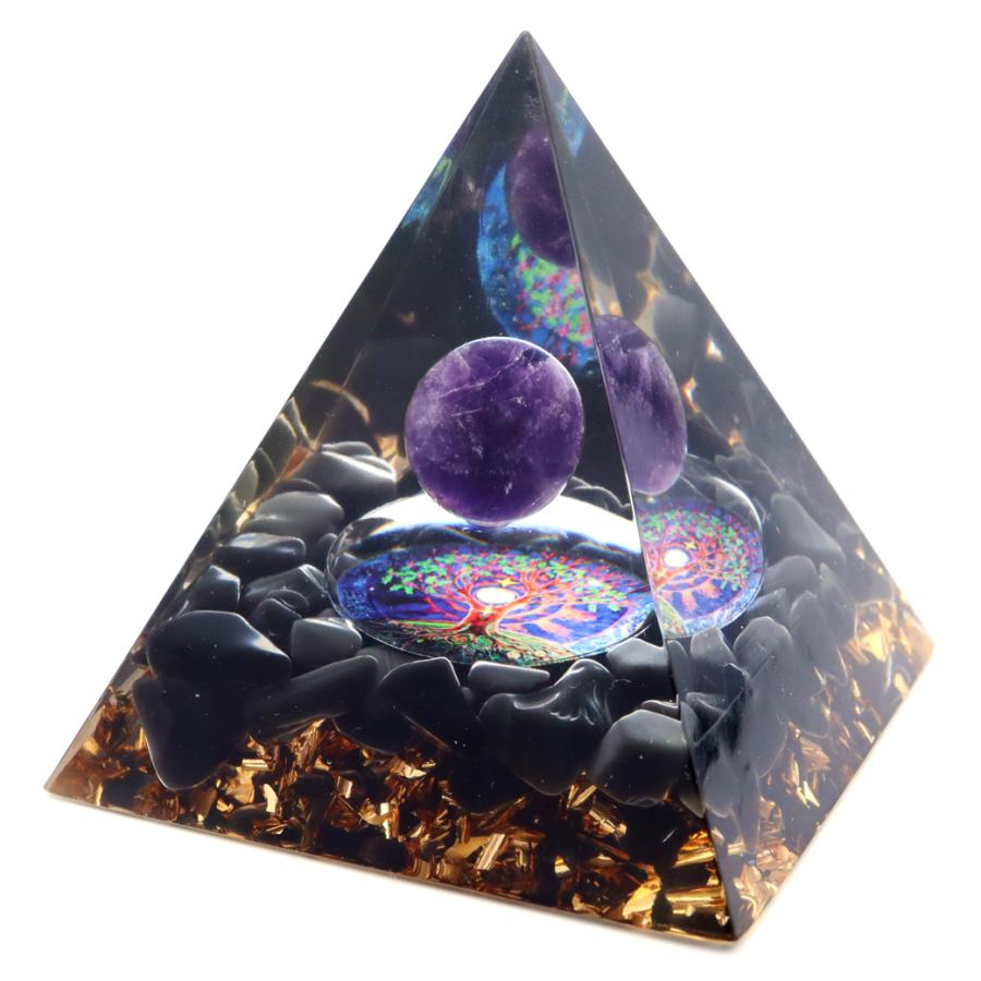 高い素材 オルゴナイト ピラミッド 招財樹 オブシディアン さざれ アメジスト 丸玉入り Orgonite Pyramid 置物 天然石 パワーストーン 浄化