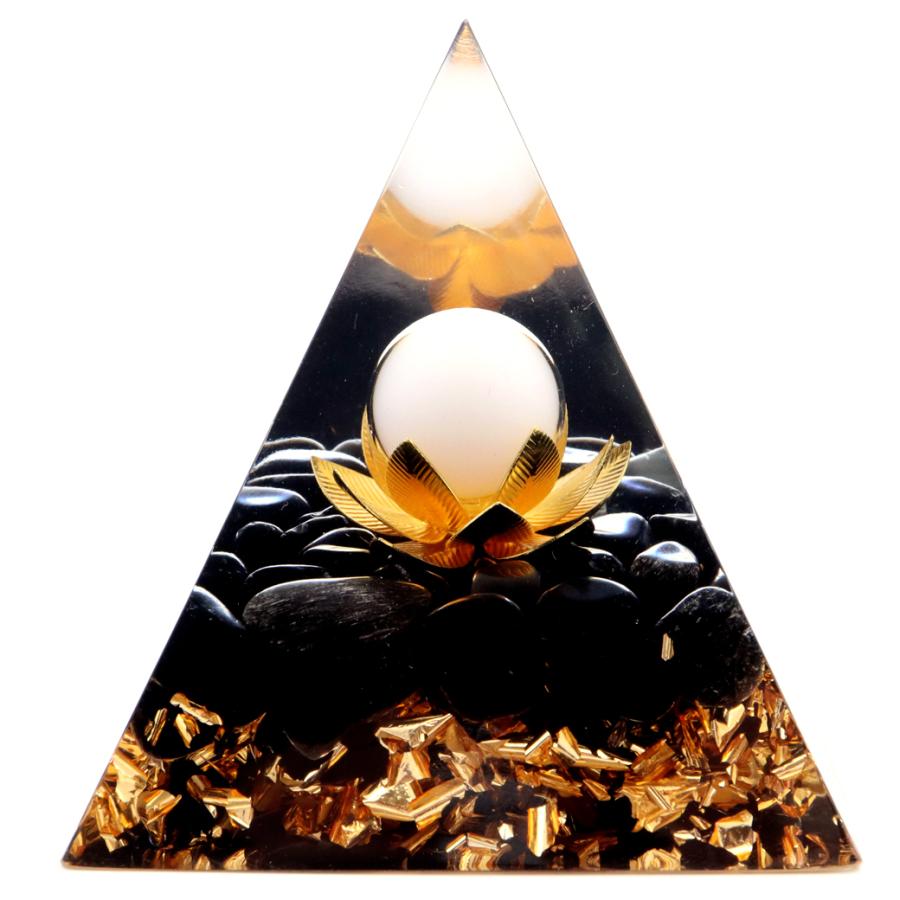 オルゴナイト ピラミッド オブシディアン さざれ入り 蓮の花 orgonite pyramid  置物 天然石 パワーストーン 浄化｜goldstone｜02