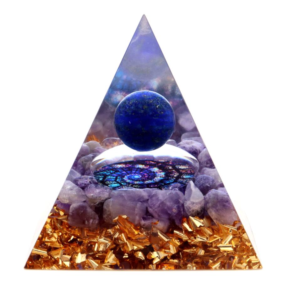 オルゴナイト ピラミッド アメジスト さざれ ラピスラズリ丸玉入り ステンドグラス風 紫水晶 orgonite pyramid  置物 天然石 パワーストーン 浄化｜goldstone｜02