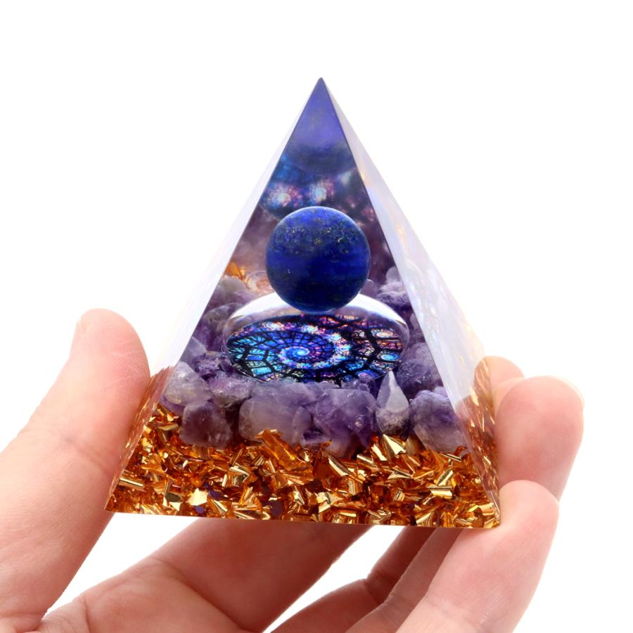 オルゴナイト ピラミッド アメジスト さざれ ラピスラズリ丸玉入り ステンドグラス風 紫水晶 orgonite pyramid  置物 天然石 パワーストーン 浄化｜goldstone｜05