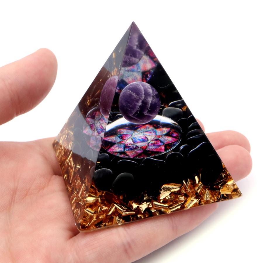 オルゴナイト ピラミッド オブシディアン さざれ 黒曜石 如来 orgonite pyramid  置物 天然石 パワーストーン 浄化 No8｜goldstone｜05