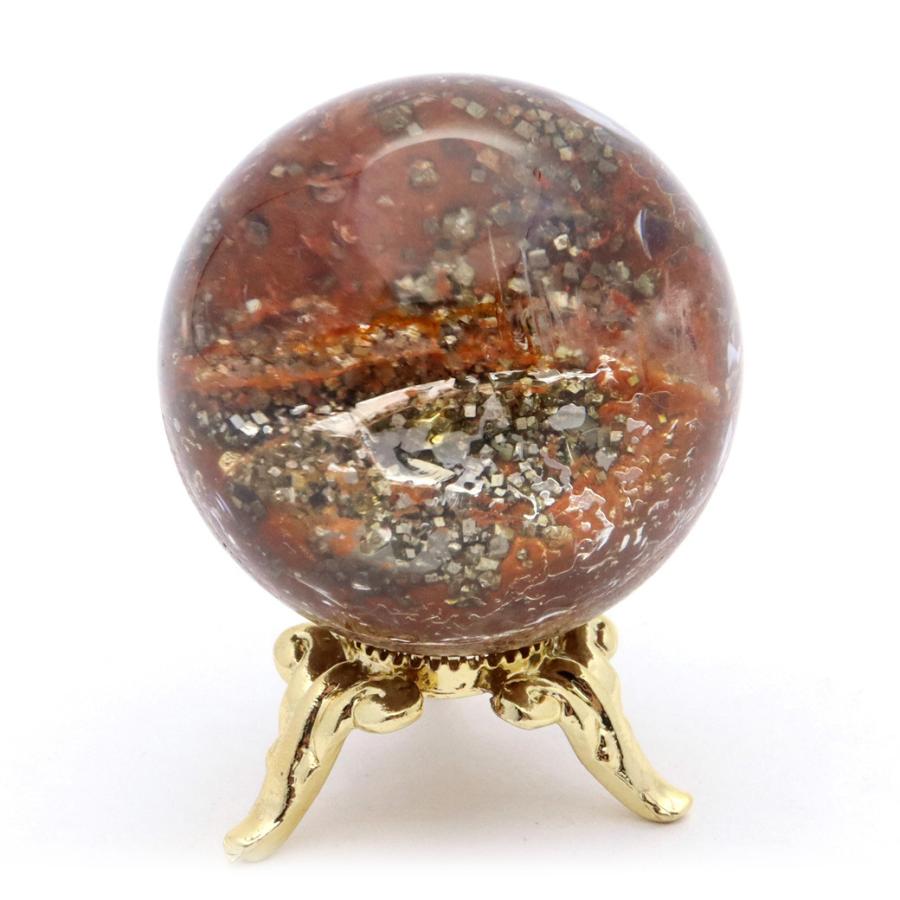 GOLD STONE パイライト イン ガーデンクォーツ 丸玉 32mm 台座付き