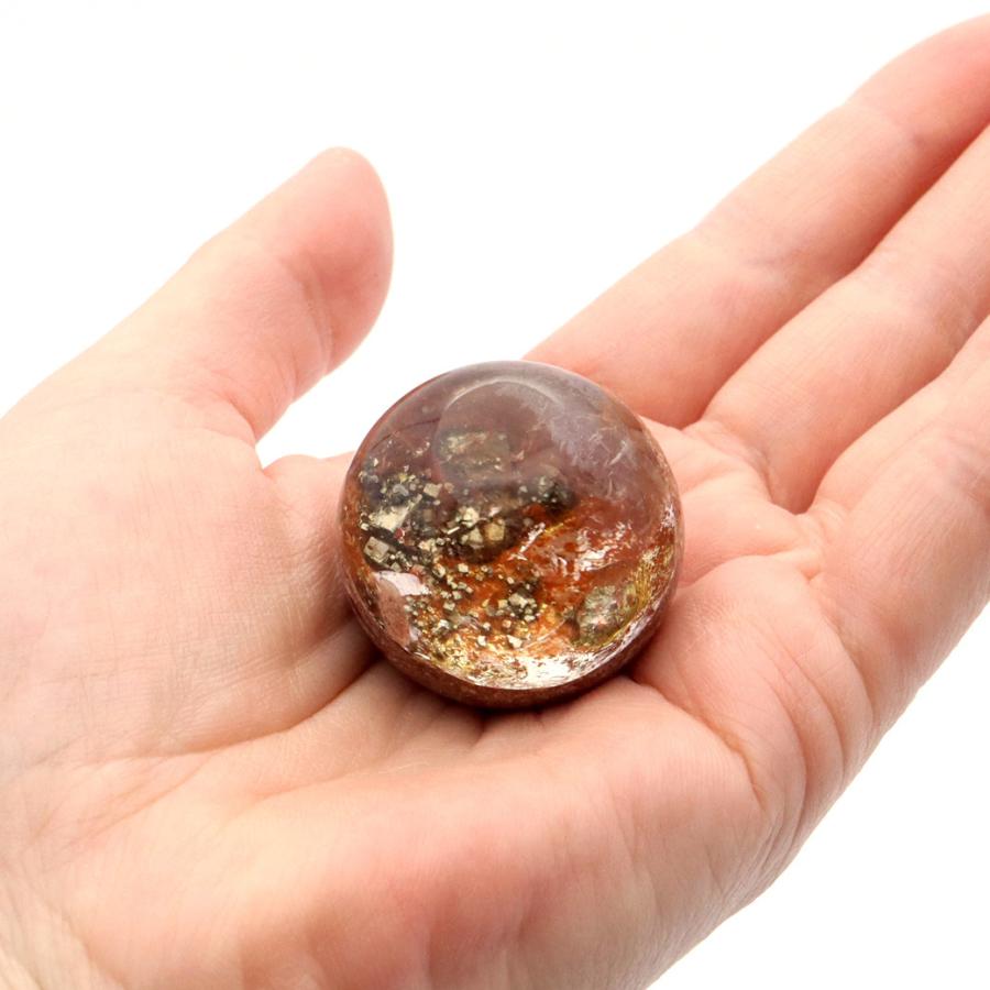 GOLD STONE パイライト イン ガーデンクォーツ 丸玉 31mm 台座付き