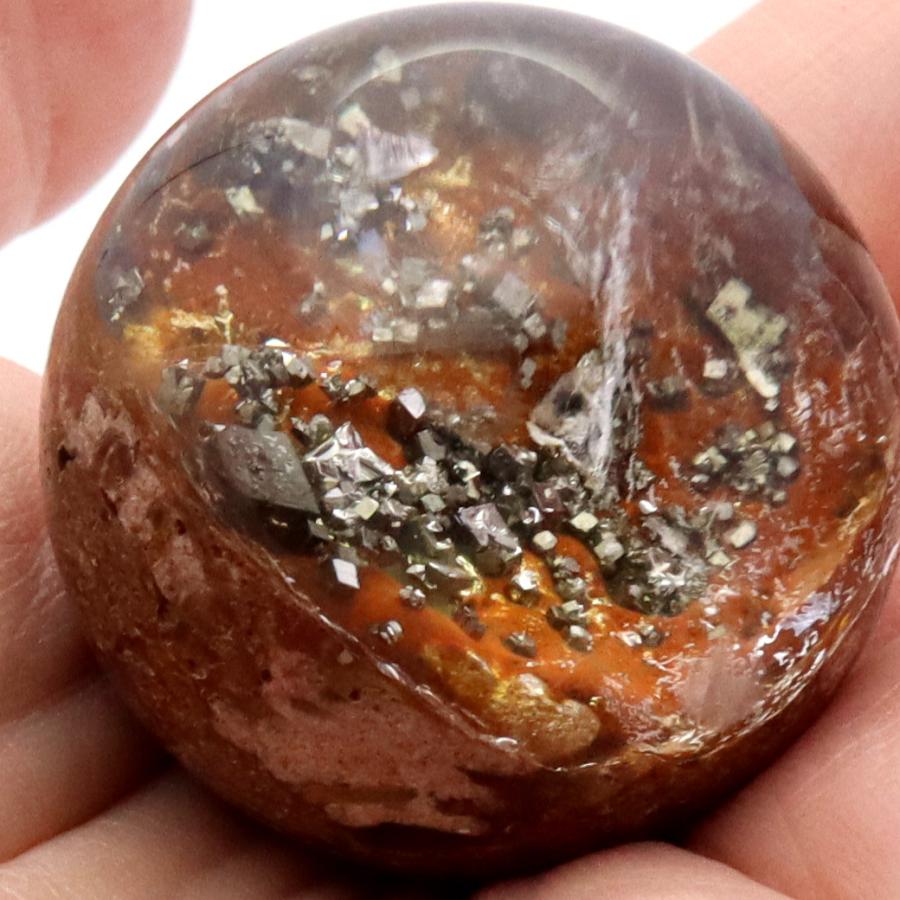 GOLD STONE パイライト イン ガーデンクォーツ 丸玉 34mm 台座付き