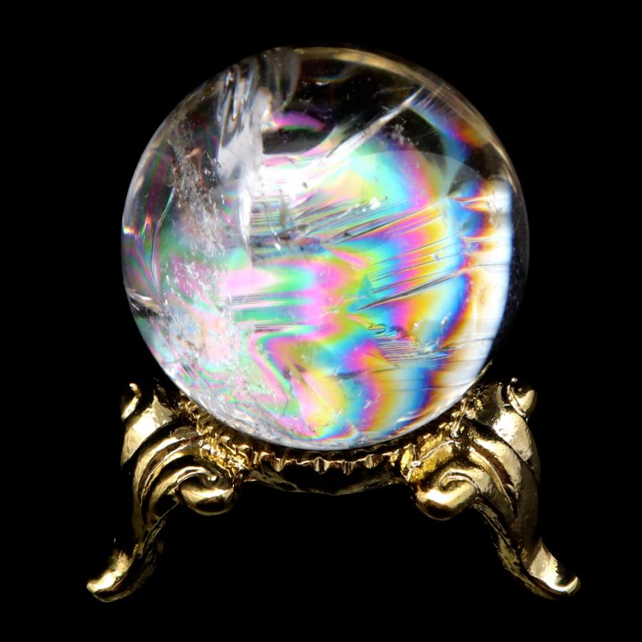 虹入り水晶玉(スタンド付き)85mm GOLD STONE アイリスクォーツ 丸玉 水晶 虹入り AA 天然 直径約28mm