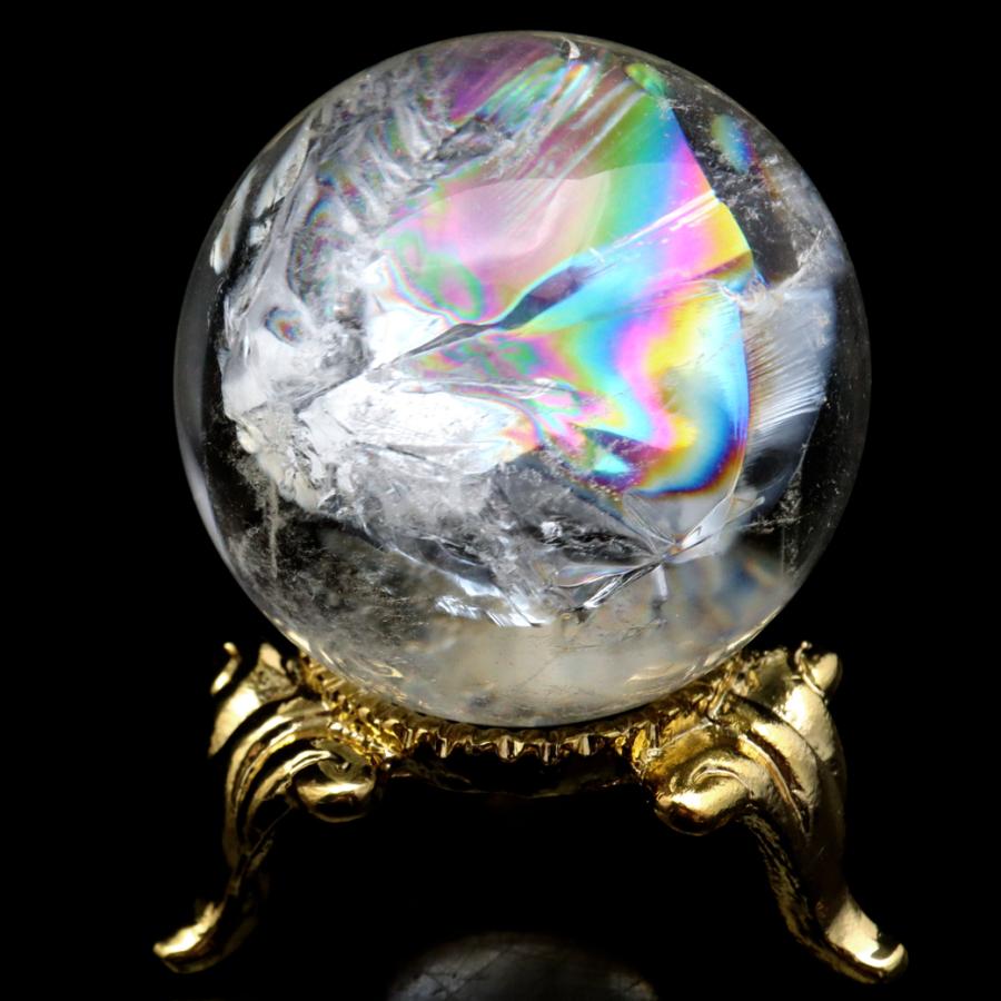 TZ560-1 虹入アイリスクォーツ　水晶ミニスフィア　ツリー台座セット　天然石 GOLD STONE アイリスクォーツ 丸玉 水晶 虹入り AA 天然 直径約31mm