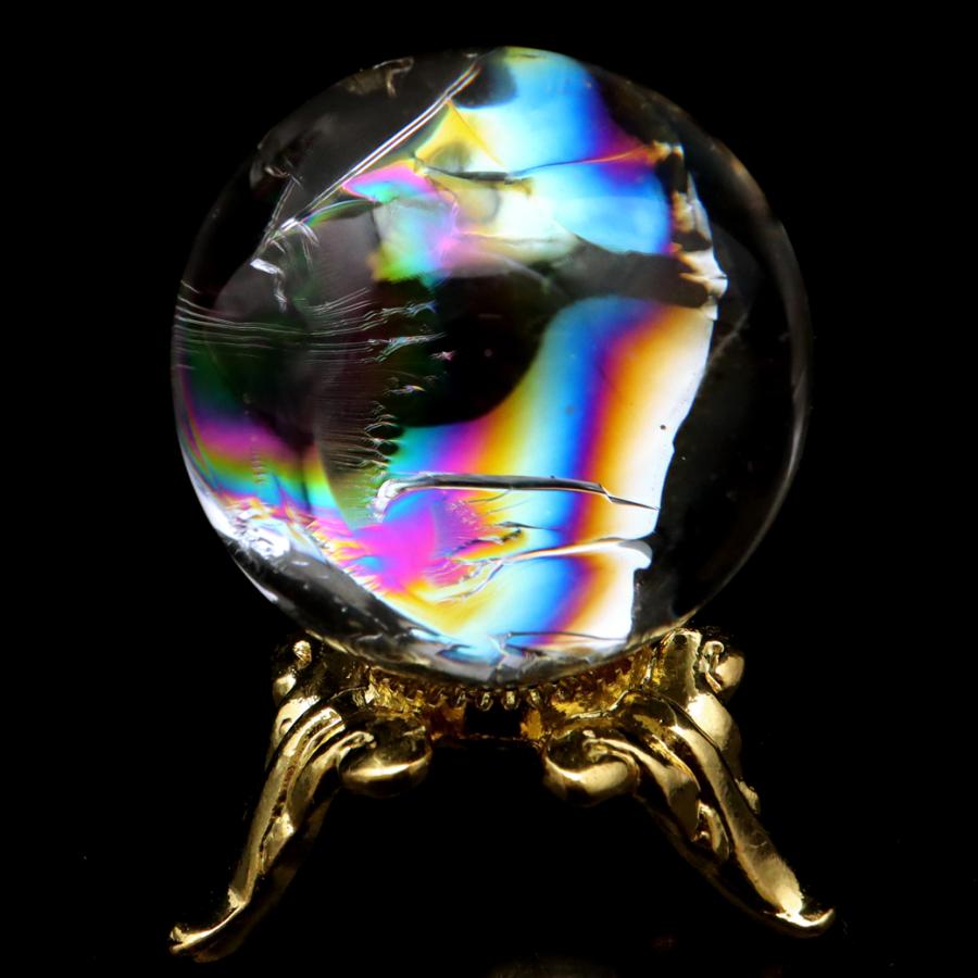 レインボー　水晶玉　８センチ　台座付き GOLD STONE アイリスクォーツ 丸玉 水晶 虹入り AA 天然 直径約24mm