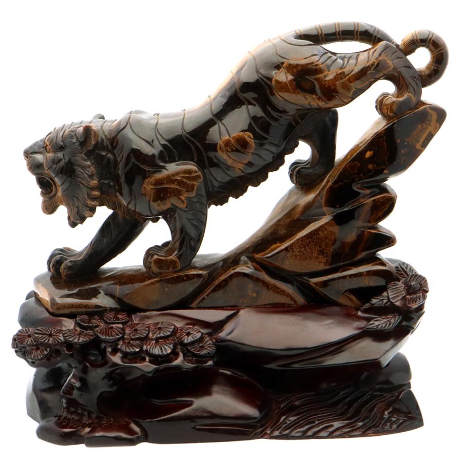 GOLD STONE タイガーアイ 虎 置物 彫刻 台座付き 3.4kg 虎眼石 風水