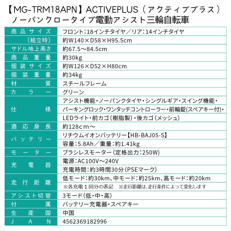 ノーパンク ロータイプ アシスト三輪自転車 MG-TRM18APN ACTIVEPLUS