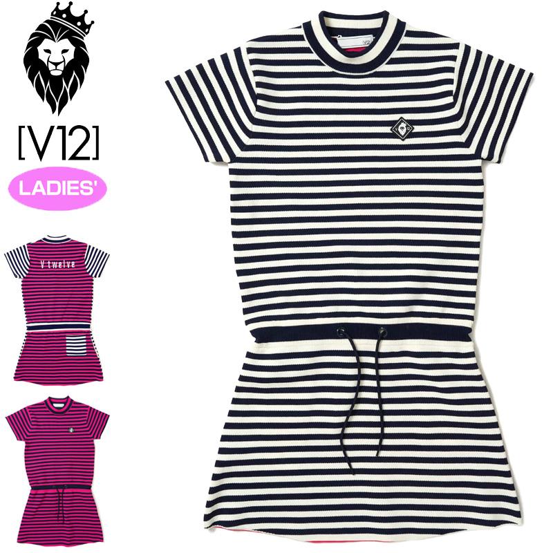 V12 ゴルフ レディース 半袖 モックネック ニット ワンピース CRAZY BORDER ONEPIECE V122310OP01