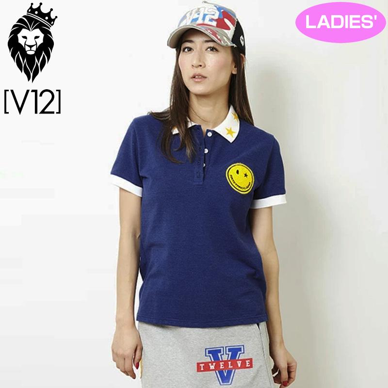V12 ゴルフ シャツ レディース 8ss1 スマイルワッペン ゴルフウェア 半袖ポロシャツ V Ct02 75 ブルー ヴィ トゥエルヴ 8ss1 ゴルフウェア Polo Smile おしゃれ Vtwrnv Ct02 75 Wm V12 ゴルフ スポーツ ブランド Golf サードウェイブ