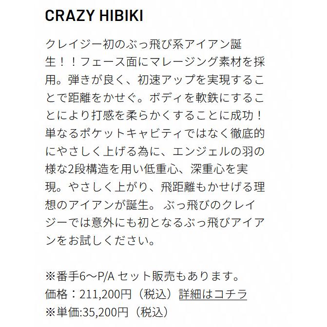 6個セット CRAZY HIBIKI アイアン クレイジー 響 正規品 （＃6〜＃9、P、P/A） 単体購入OKの画像