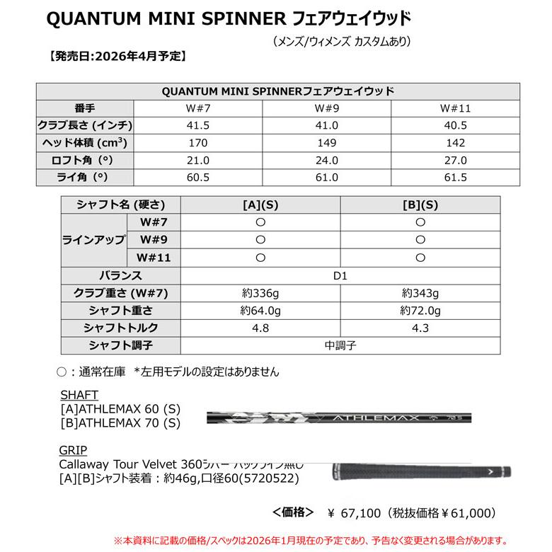 特注カスタムクラブ キャロウェイ QUANTUM MINI SPINNER フェアウェイウッド 三菱 TENSEI PRO WHITE 1K シャフト_4