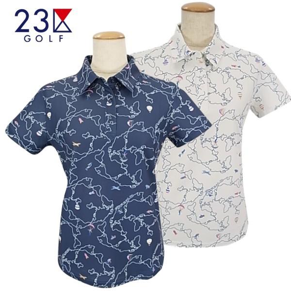 23区GOLFレディース  ワールドマッププリント 鹿子半袖シャツ