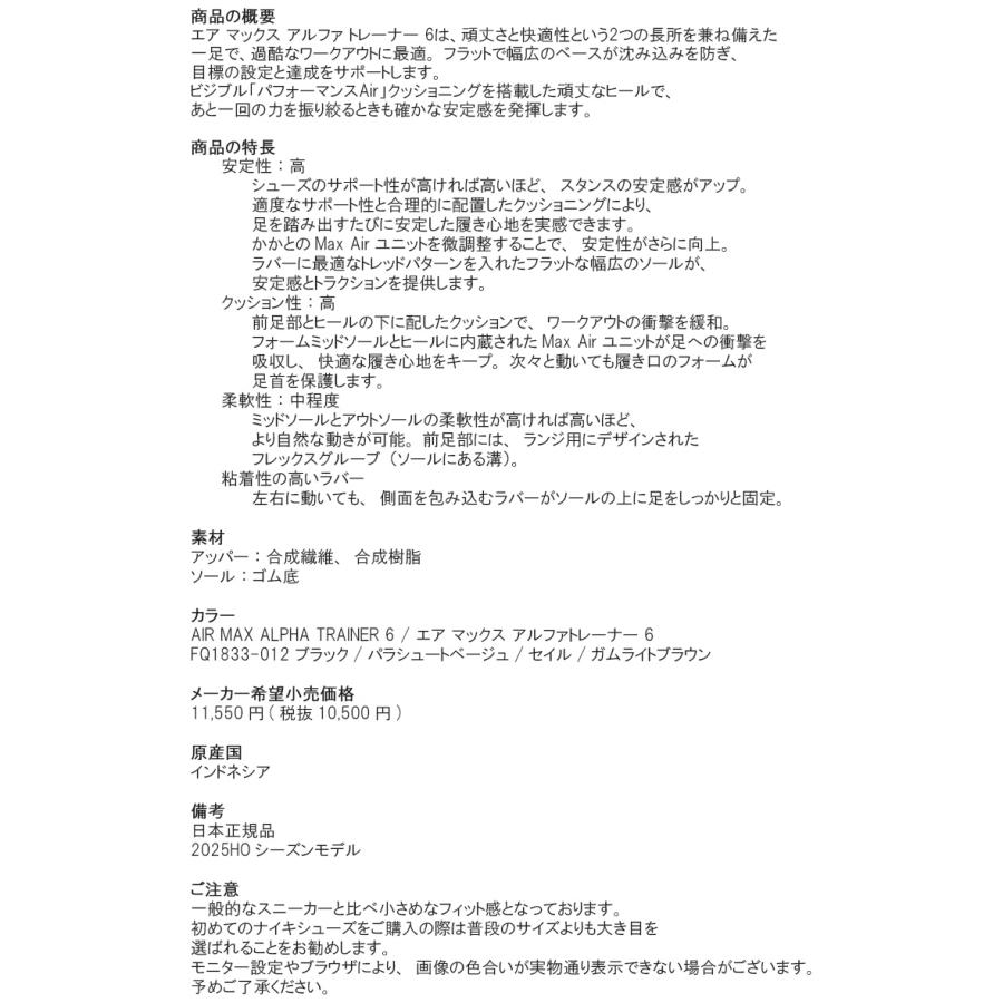 ナイキ 日本正規品 2025HO メンズ AIR MAX ALPHA TRAINER 6 エアマックス アルファトレーナー 6 ブラック/ベージュ/セイル/ガムライトブラウン FQ1833-012の画像