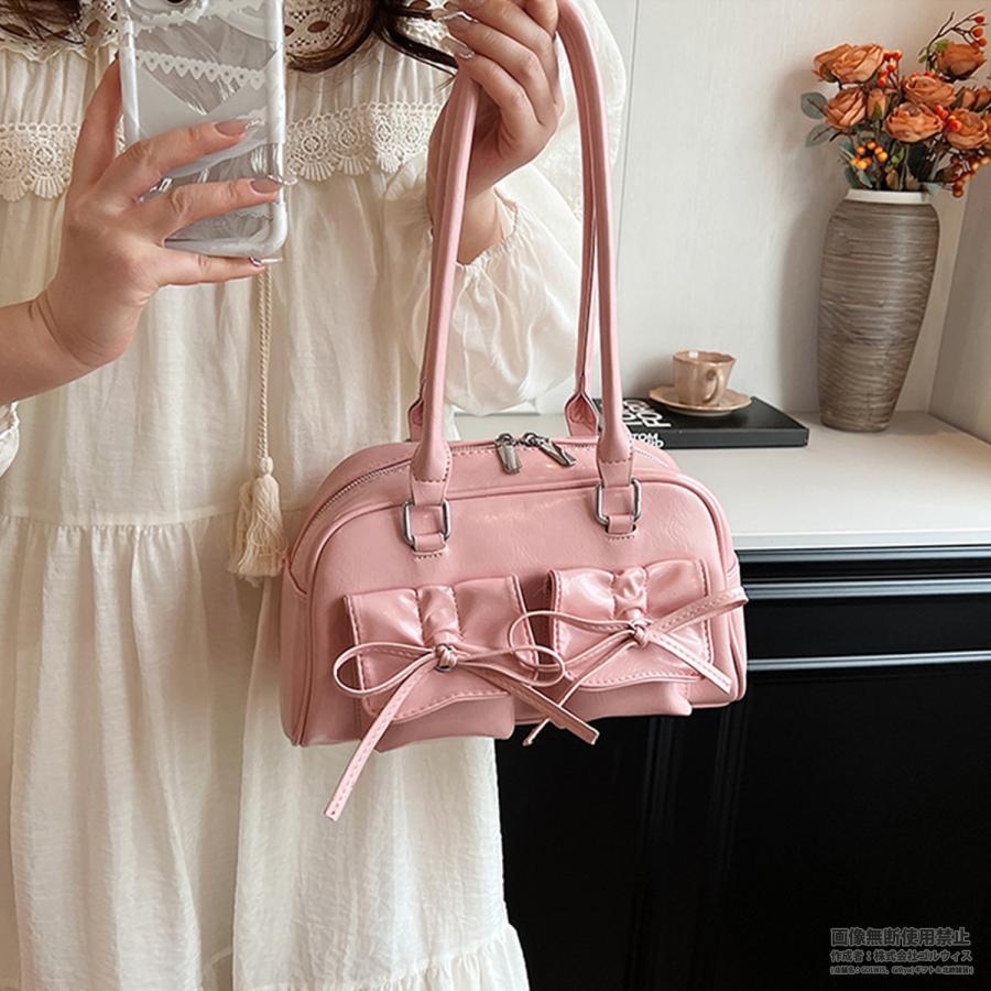 リボン付き エナメル ミニボストン ショルダー バッグ ツインポケット