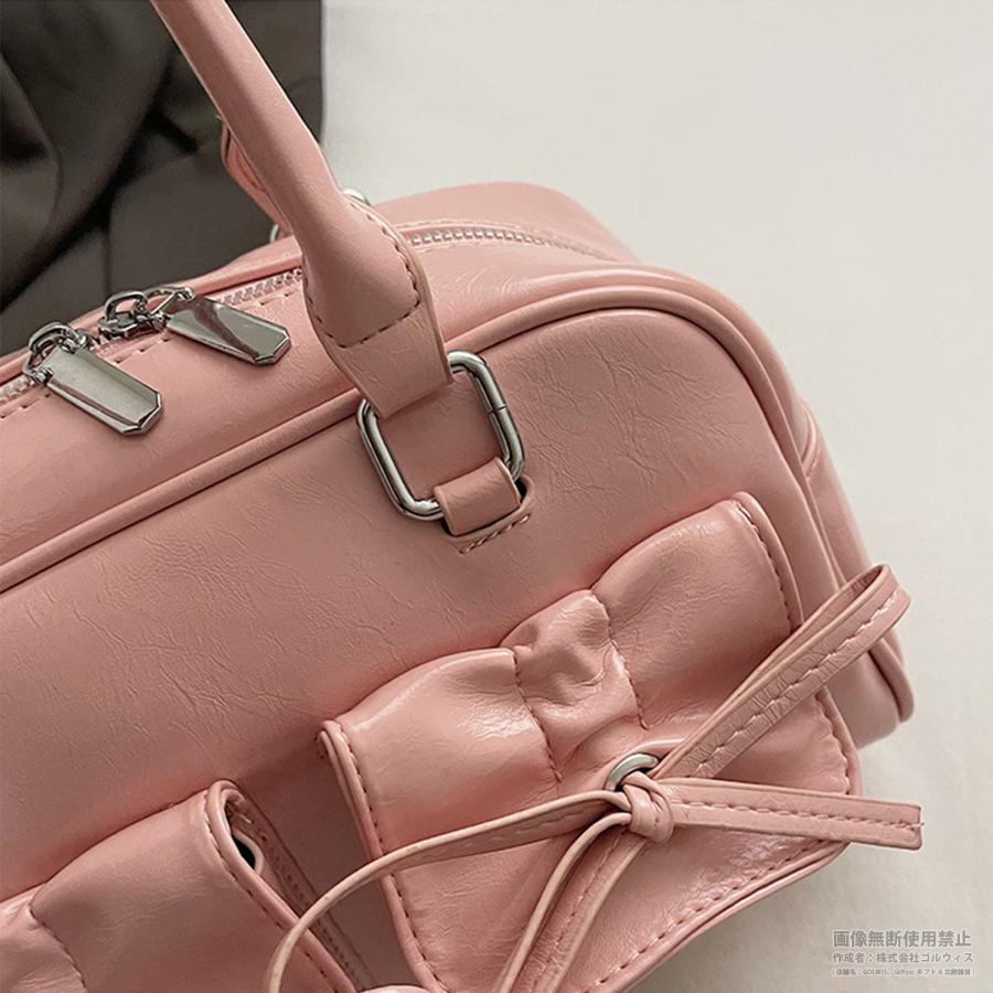 リボン付き エナメル ミニボストン ショルダー バッグ ツインポケット