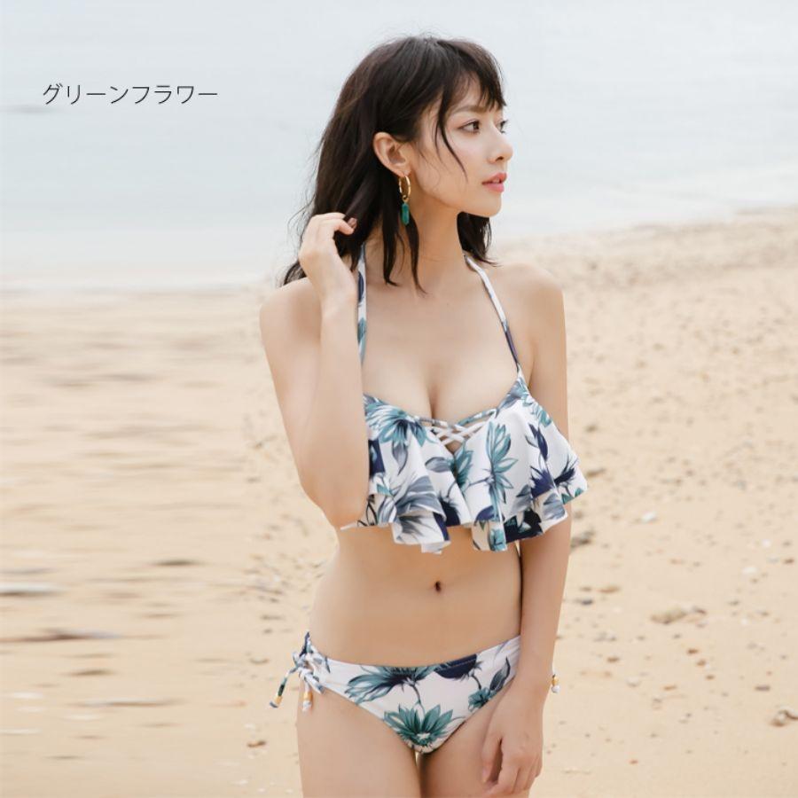 水着 レディース ビキニ フリル フレア 3点セット クロスデザイン