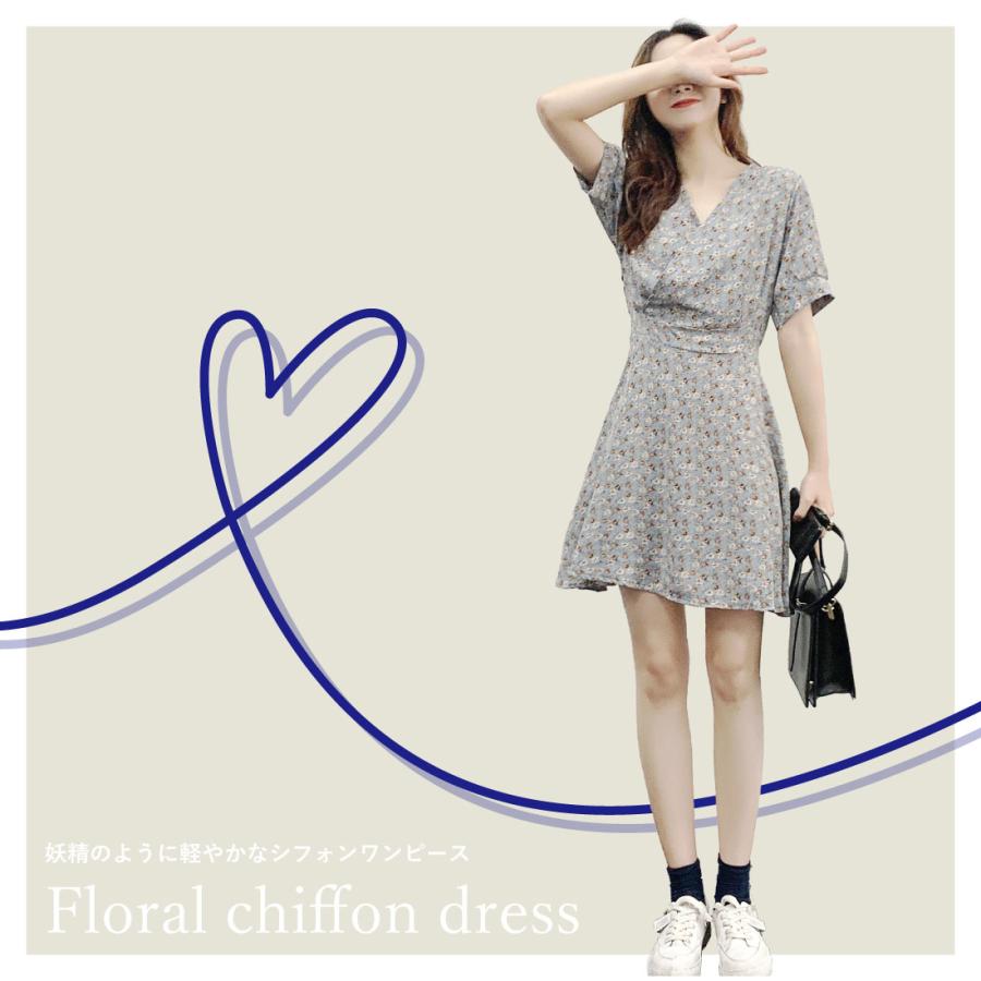 花柄 シフォン ワンピース Vネック ひざ上 ミニ丈 薄手 半袖 腰紐 体型カバー フェミニン ガーリー かわいい おしゃれ 春 夏 秋 旅行 リゾート Tops0012 Wo Golwis 通販 Yahoo ショッピング