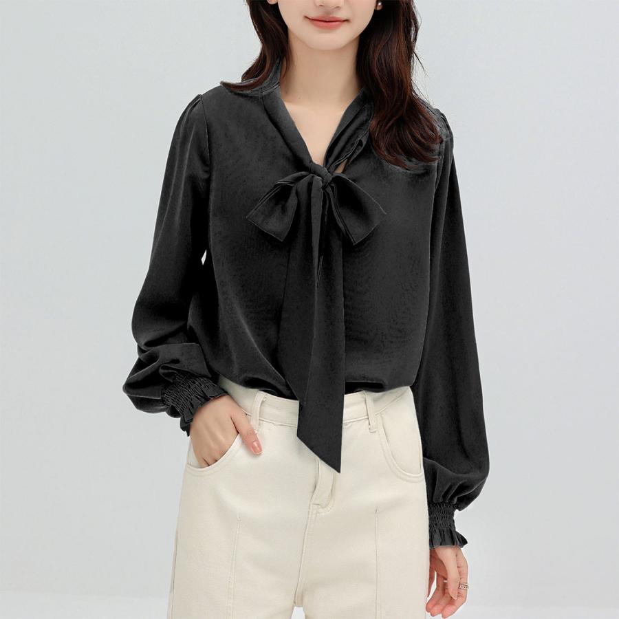 【新品タグ付き】ギャザーボウタイ長袖ブラウス レディースファション ボウタイブラウス ふわり袖 長袖 ブラウス