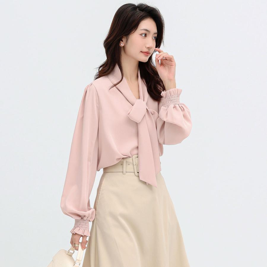 【新品タグ付き】ギャザーボウタイ長袖ブラウス レディースファション ボウタイブラウス ふわり袖 長袖 ブラウス