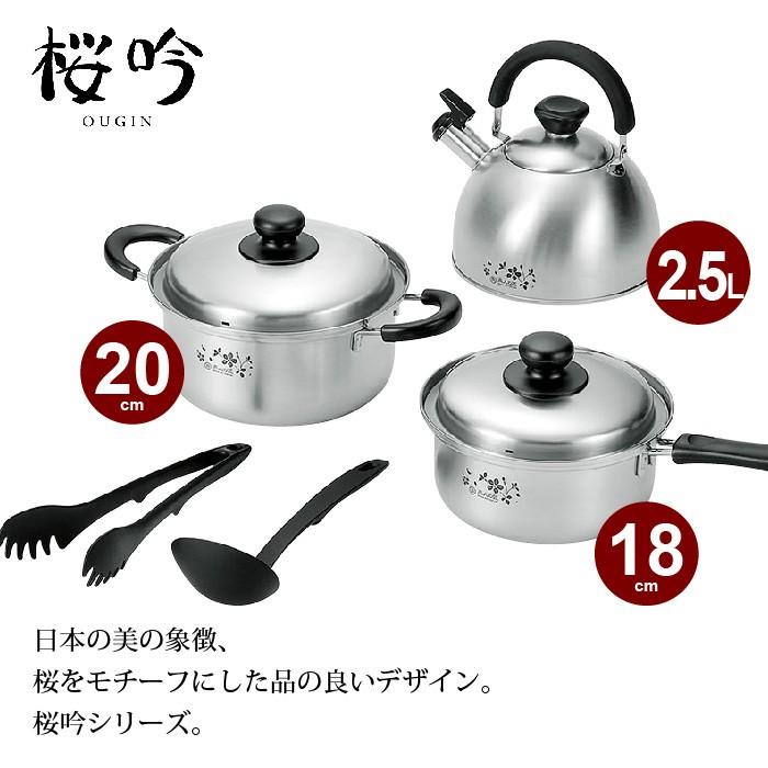 鍋セット 片手鍋 18cm/両手鍋 20cm/ケトル 2.5L /お玉 トング付き IH対応 ステンレス製 鍋 なべ やかん 薬缶 お湯 セット 一人暮らしセット ステンレス 日本製の画像