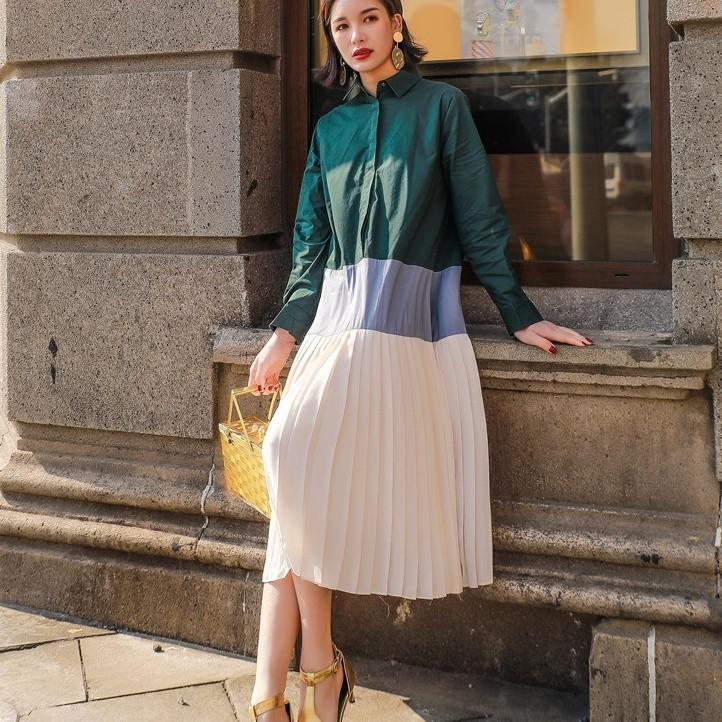 ミモレワンピース レディース 長袖 シャツ バイカラー 切り替え プリーツ フェミニン 可愛い きれいめ 春秋 Good Clothes いいスタイル