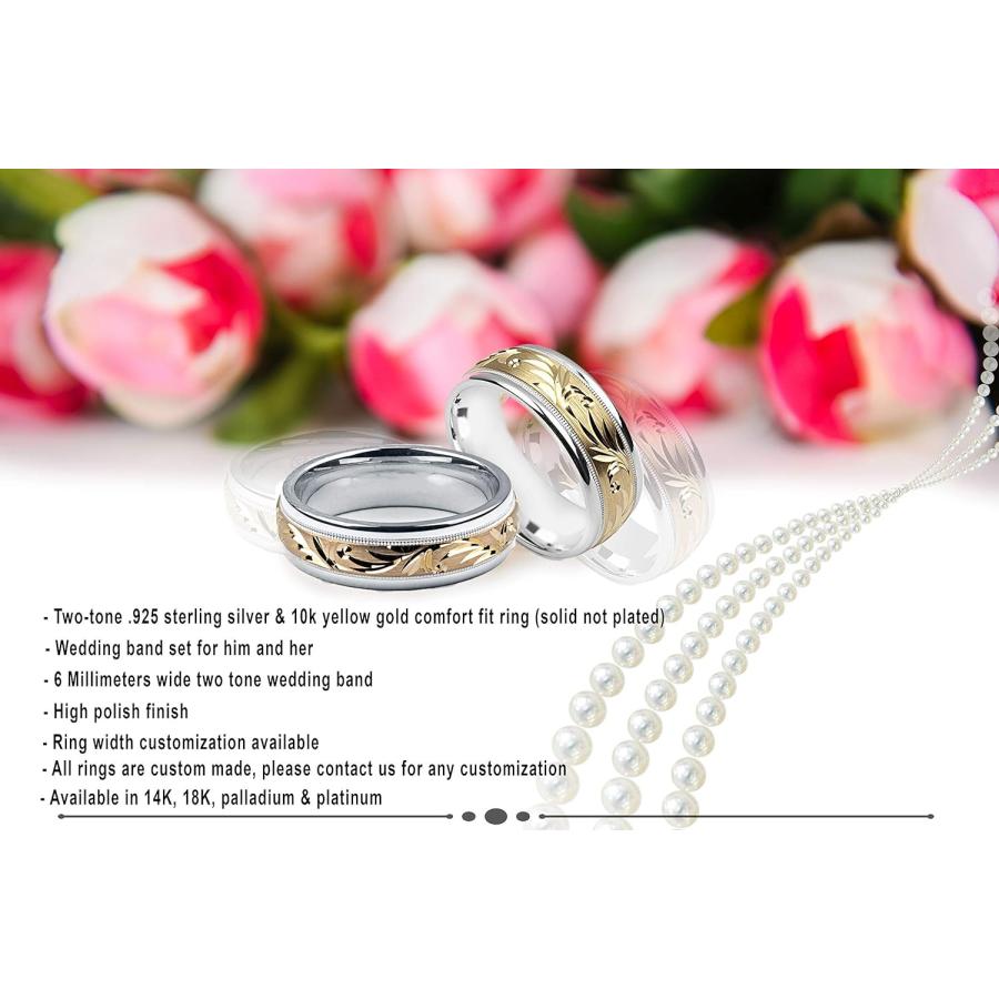 【並行輸入品】Alain Raphael　ツートーンスターリングシルバー・10Kイエローゴールド結婚指輪　幅8mmの画像