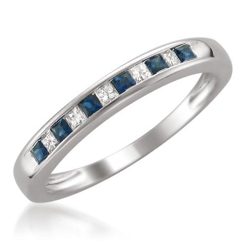 【並行輸入品】14?Kホワイトゴールドプリンセスカットダイヤモンドとブルーサファイア結婚指輪リング(1?/ 3?cttw, H   I、i1?の画像