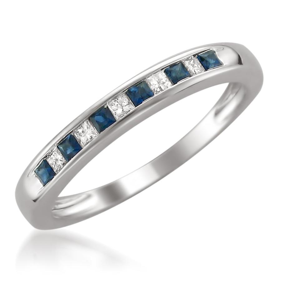 【並行輸入品】14?Kホワイトゴールドプリンセスカットダイヤモンドとブルーサファイア結婚指輪リング(1?/ 3?cttw, H   I、i1?の画像