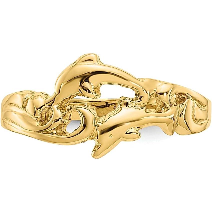 【並行輸入品】14K イエローゴールド ダブルイルカ ウェーブバンドリング サイズ6.50 動物 貝殻 ライフ ファインジュエリー 女性へのギフトにの画像