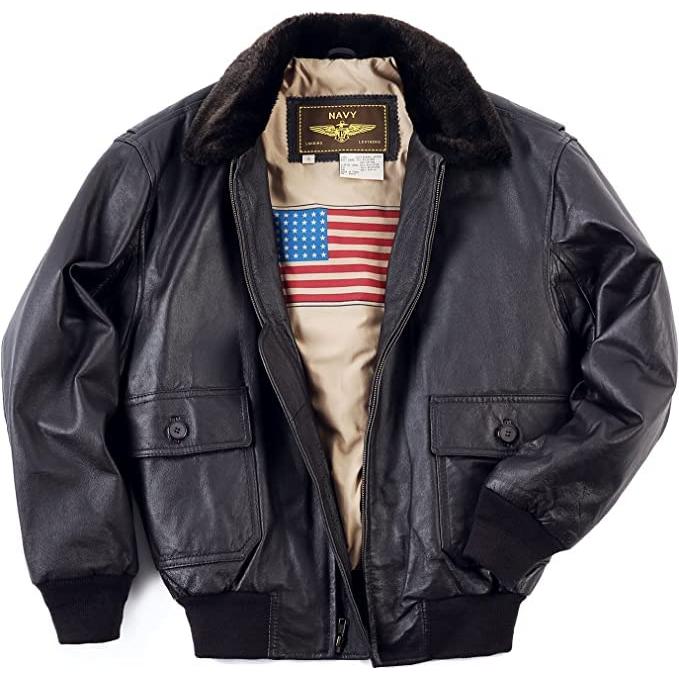 【並行輸入品】Landing Leathers メンズ ネイビー G 1 レザー フライト ボンバージャケット ブラウン Lサイズ (インポートの画像