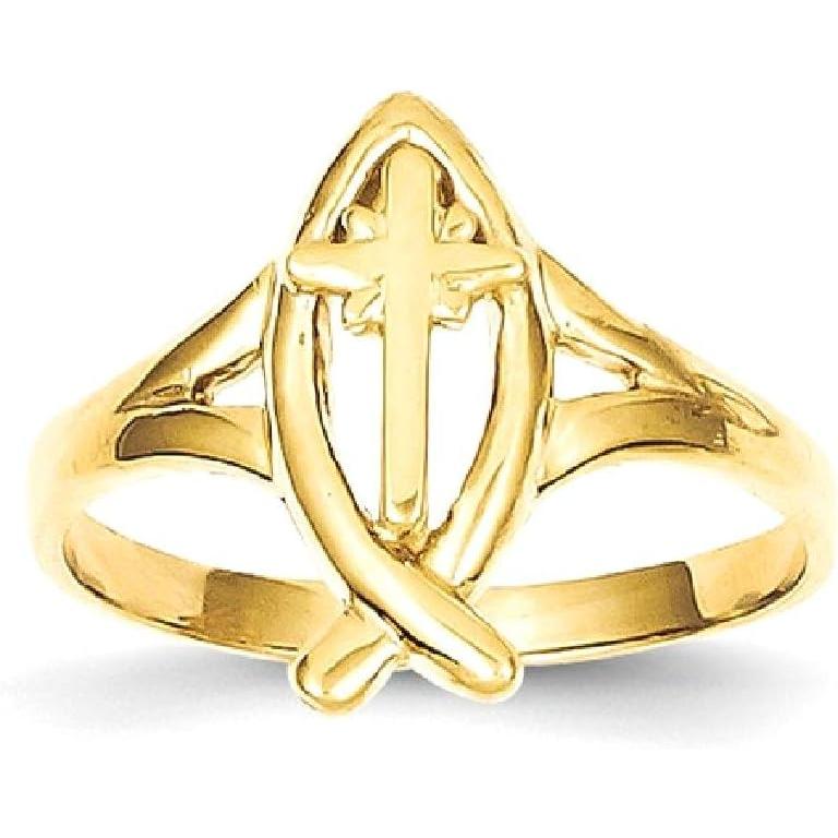 【並行輸入品】14k Yellow Gold Ichthus Cross Ring Religious Fine Jewelry For Womenの画像