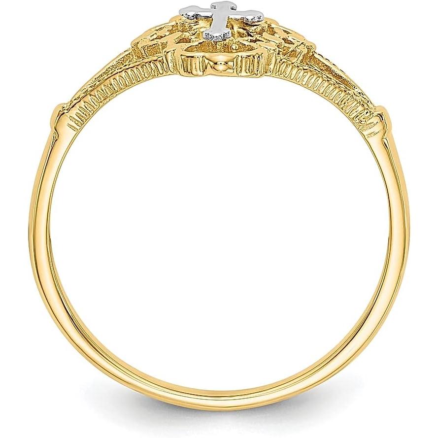 【並行輸入品】Iceカラット14 K 2つトーンイエローゴールドクロス宗教バンドリングFineジュエリーギフトレディースハートの画像