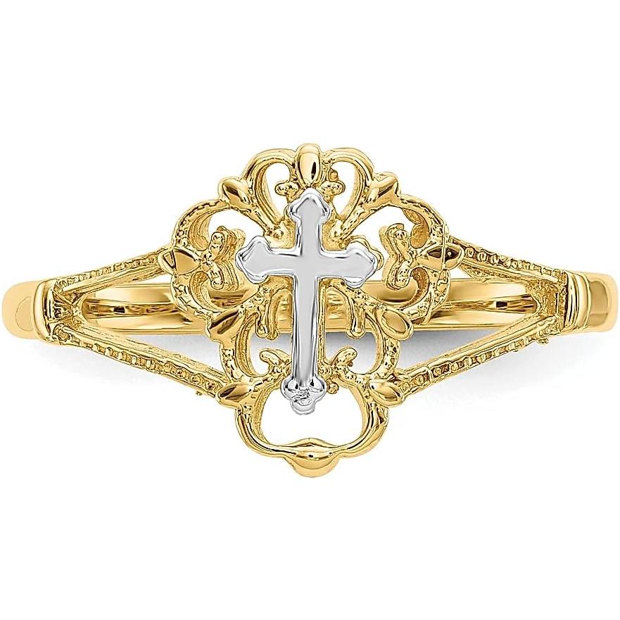 【並行輸入品】Iceカラット14 K 2つトーンイエローゴールドクロス宗教バンドリングFineジュエリーギフトレディースハートの画像