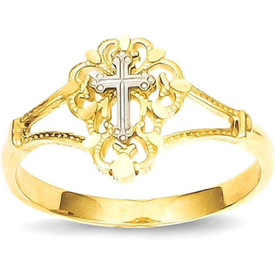【並行輸入品】Iceカラット14 K 2つトーンイエローゴールドクロス宗教バンドリングFineジュエリーギフトレディースハートの画像