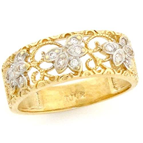 【並行輸入品】14K ソリッドイエローゴールド フィリグリー リーフデザイン CZ バンドリング, 該当なし, キュービックジルコニア Jeweの画像