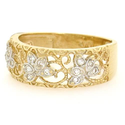【並行輸入品】14K ソリッドイエローゴールド フィリグリー リーフデザイン CZ バンドリング, 該当なし, キュービックジルコニア Jeweの画像