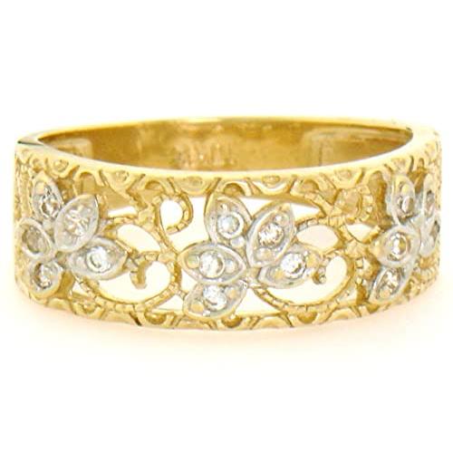 【並行輸入品】14K ソリッドイエローゴールド フィリグリー リーフデザイン CZ バンドリング, 該当なし, キュービックジルコニア Jeweの画像